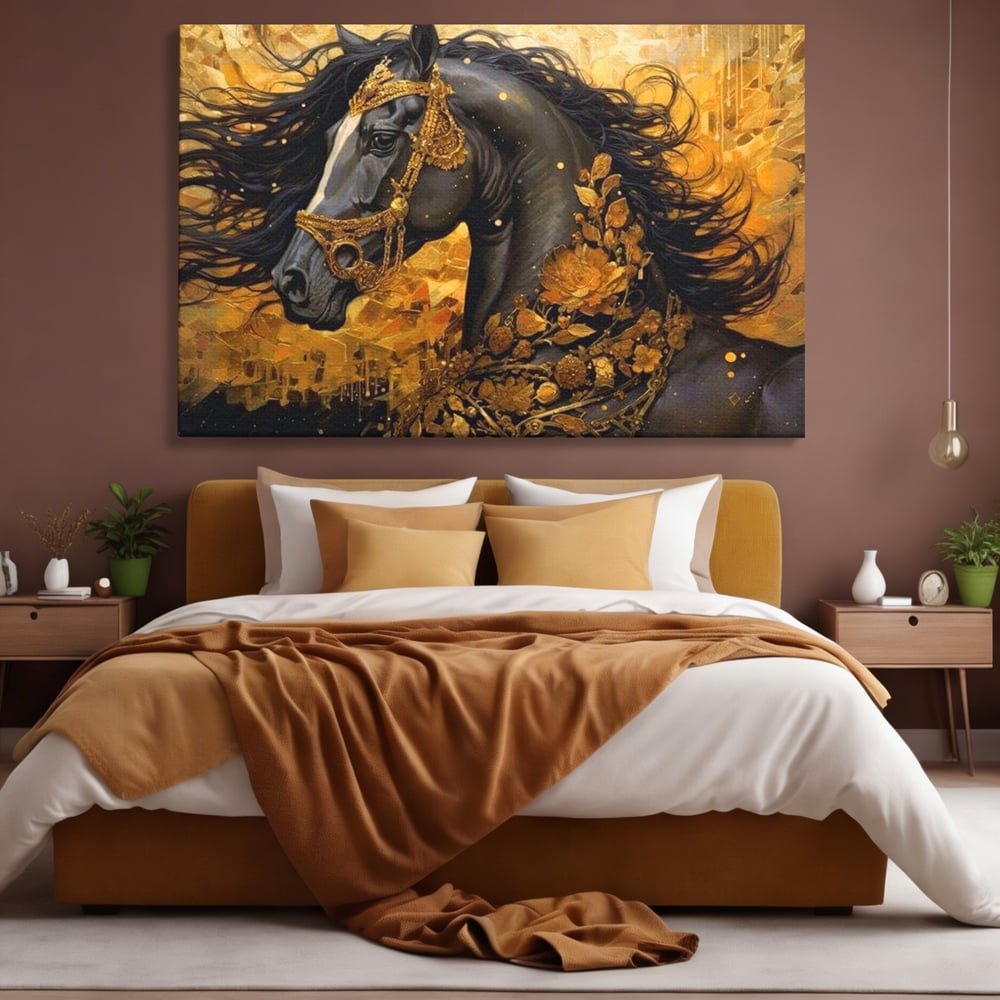 Tablou Canvas cu Armasar Negru si Ornamente Aurii, Negru Intens si Auriu Cald, M1341